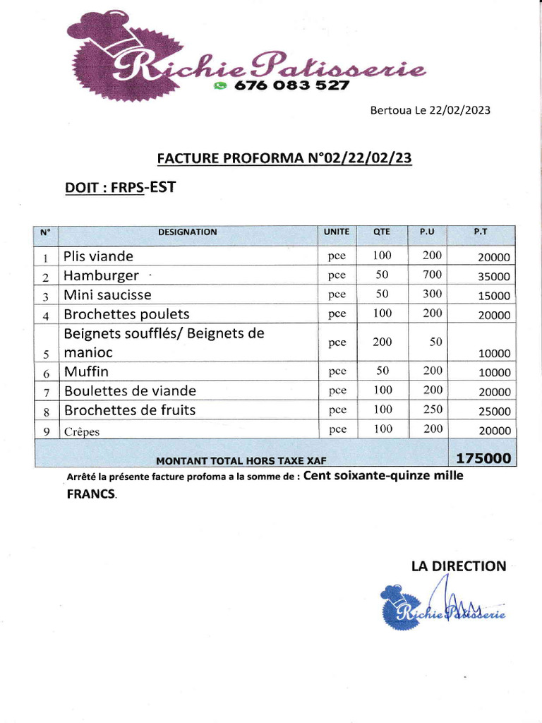 Facture Proforma FRPS-EST 175000 XAF | PDF