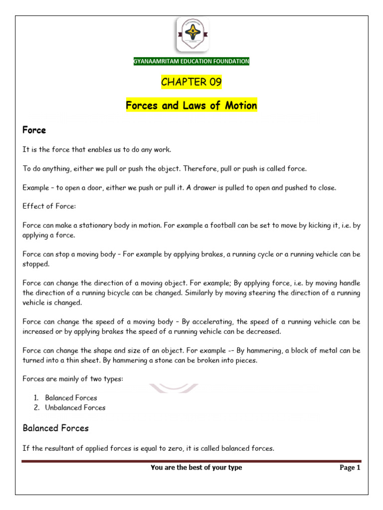 9TH Class Science Chapter 09 - Force and Laws of Motion | PDF | Force ...