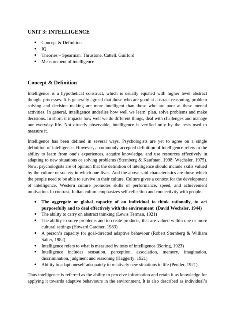 Sem 2 UNIT 3 Intelligence | PDF | Wechsler Adult Intelligence Scale ...
