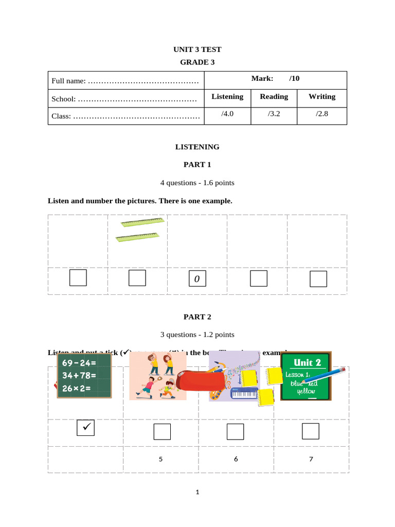 Đề KT Unit 3 - Tiếng Anh 3 Smart Start - TEST | PDF | Language Arts ...