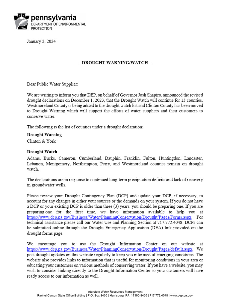 Pennsylvania Drought Watch Update 2024 | PDF | Business | Law