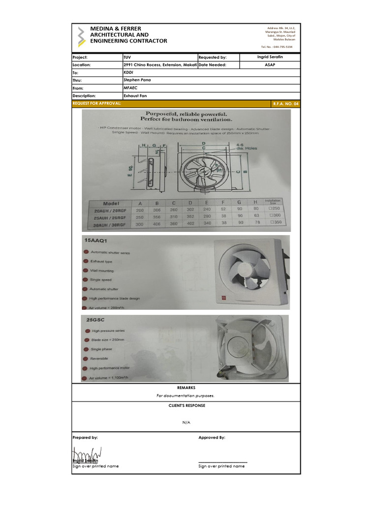 Request For Approval - Exhaust Fan | PDF
