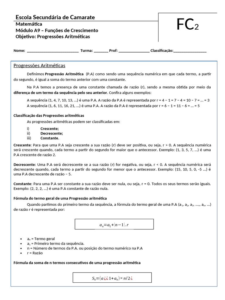 Progressões Aritméticas: Definição e Exemplos | PDF | Sequência ...