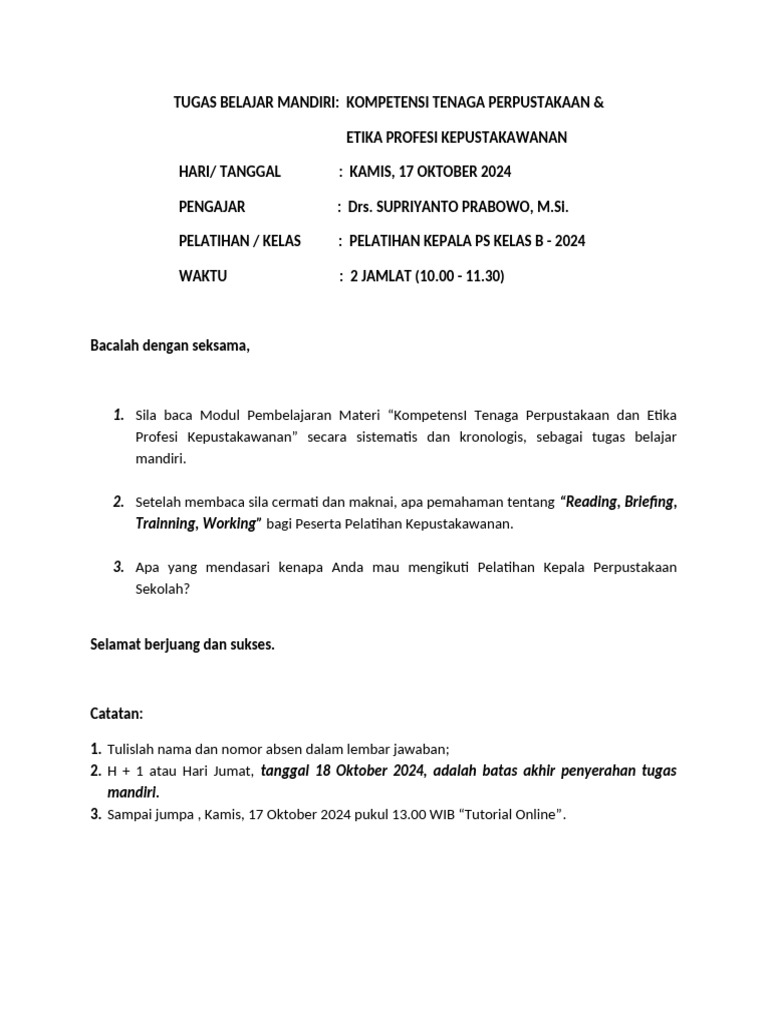 Tugas Belajar Mandiri KTP Epk-Kps-Pip-17 Okt 2024 | PDF