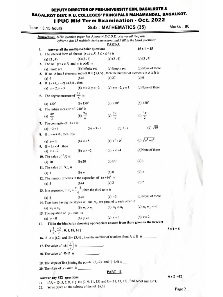 I PUC Midterm Exam Math Paper 2025 | PDF | Function (Mathematics) | Numbers