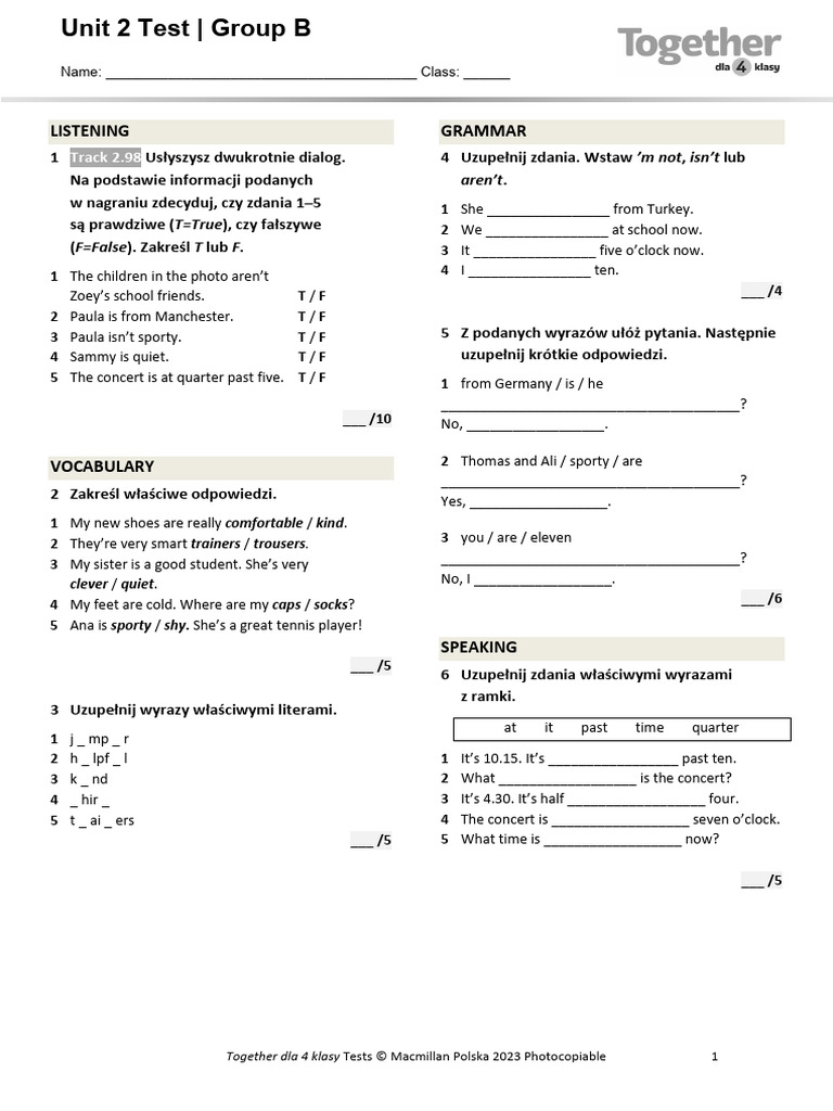 Test Unit 2: Together Klasa 4 | PDF | Softlines (Retail) | Clothing