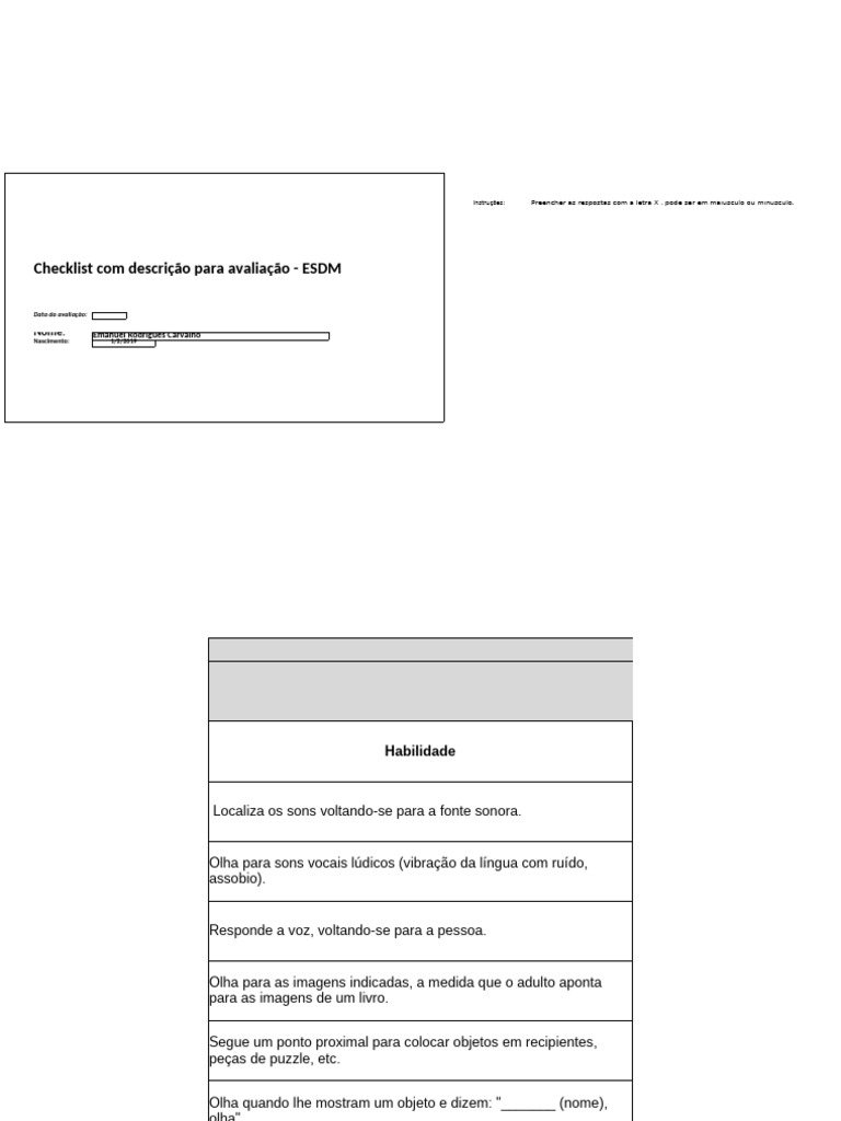 Checklist de Avaliação ESDM para Crianças | PDF | Brinquedos | Comunicação
