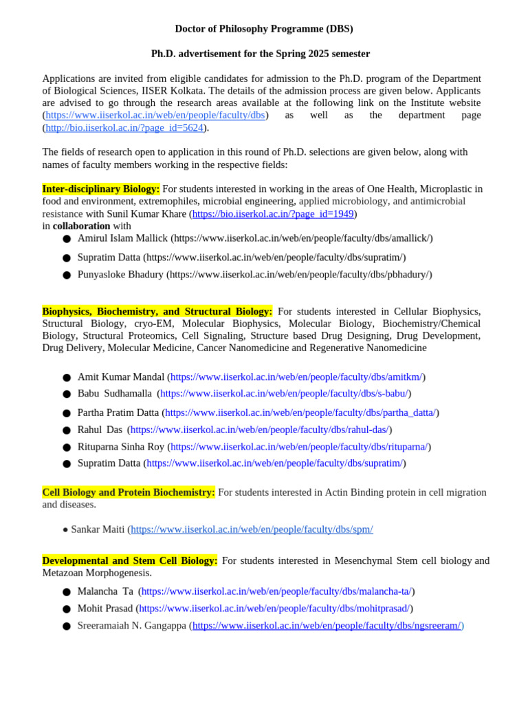 Iiser 2024 Phd Admission Brochure Pdf Genetics Biology