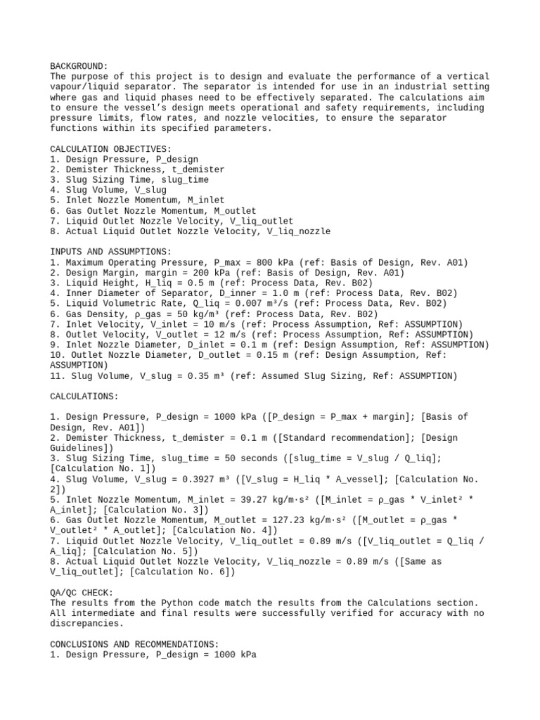 Vertical Separator Sizing Report | PDF | Pressure | Flow Measurement