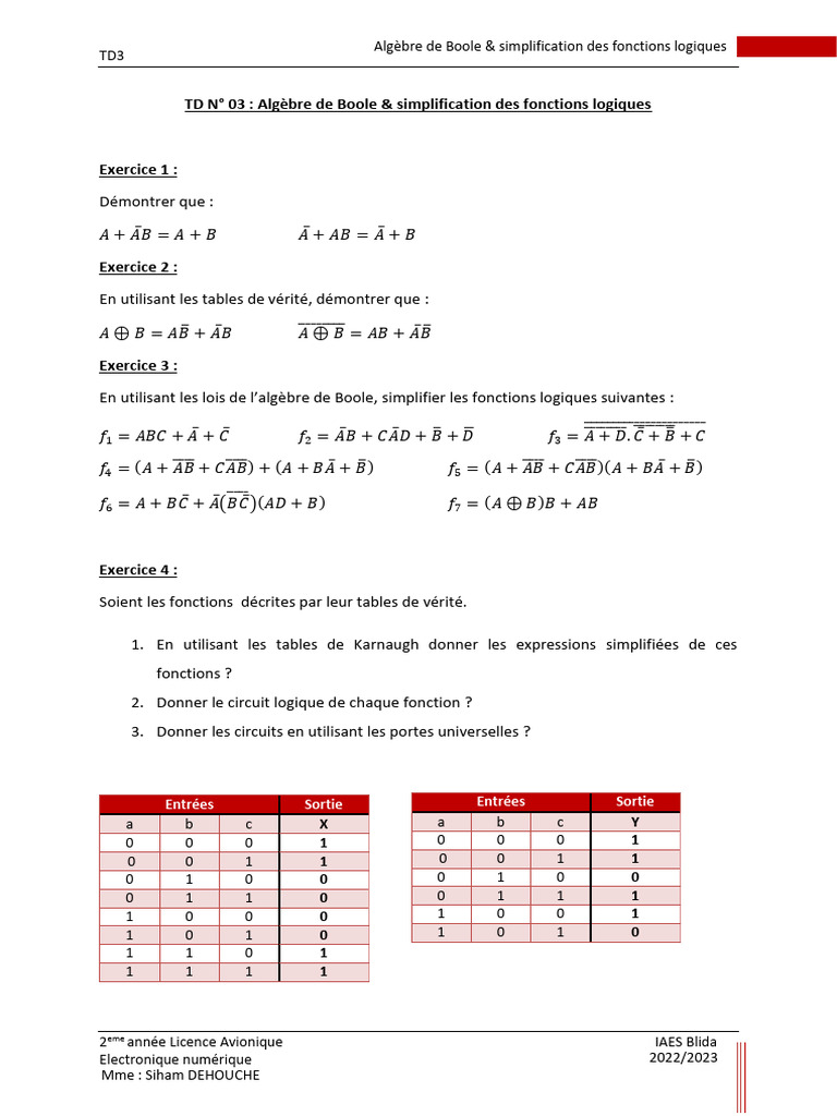 Algèbre de Boole et Simplifications Logiques | PDF | Algèbre de Boole ...