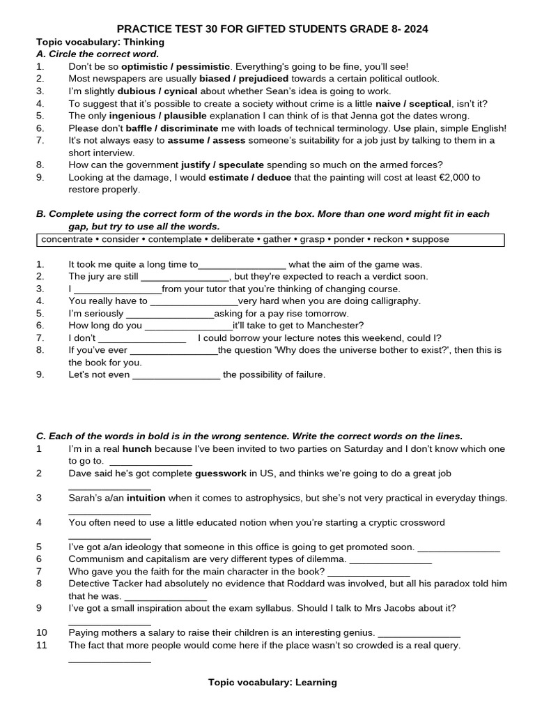 Grade 8 Gifted Practice Test 2024 | PDF | Career & Growth | Language ...
