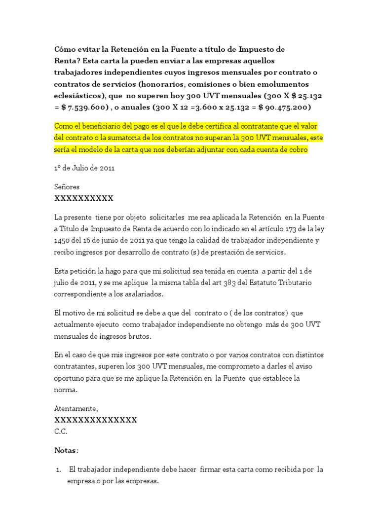 Modelo Carta Ley 1450 Retencion Independientes