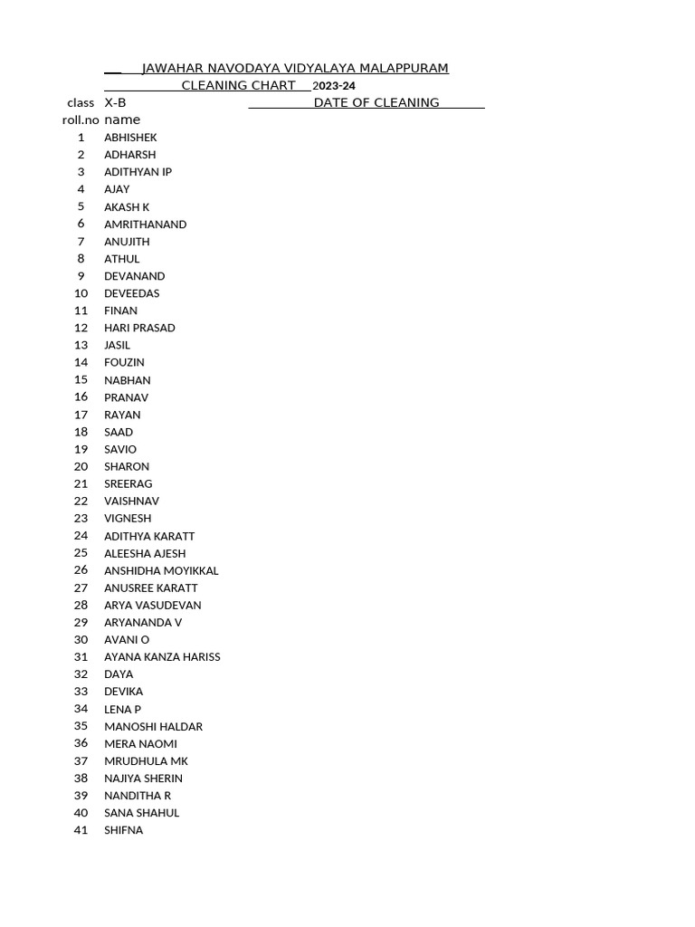 10 b cleaning chart pdf