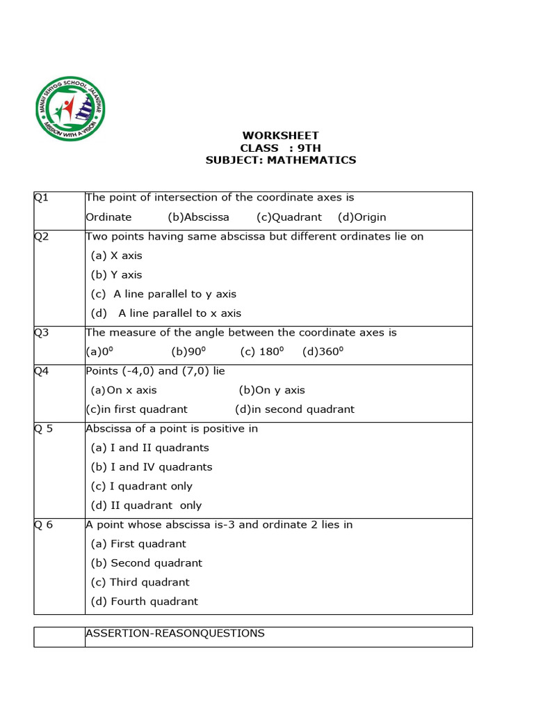 Class 9 Coordinate Geometry Worksheet | PDF | Cartesian Coordinate ...