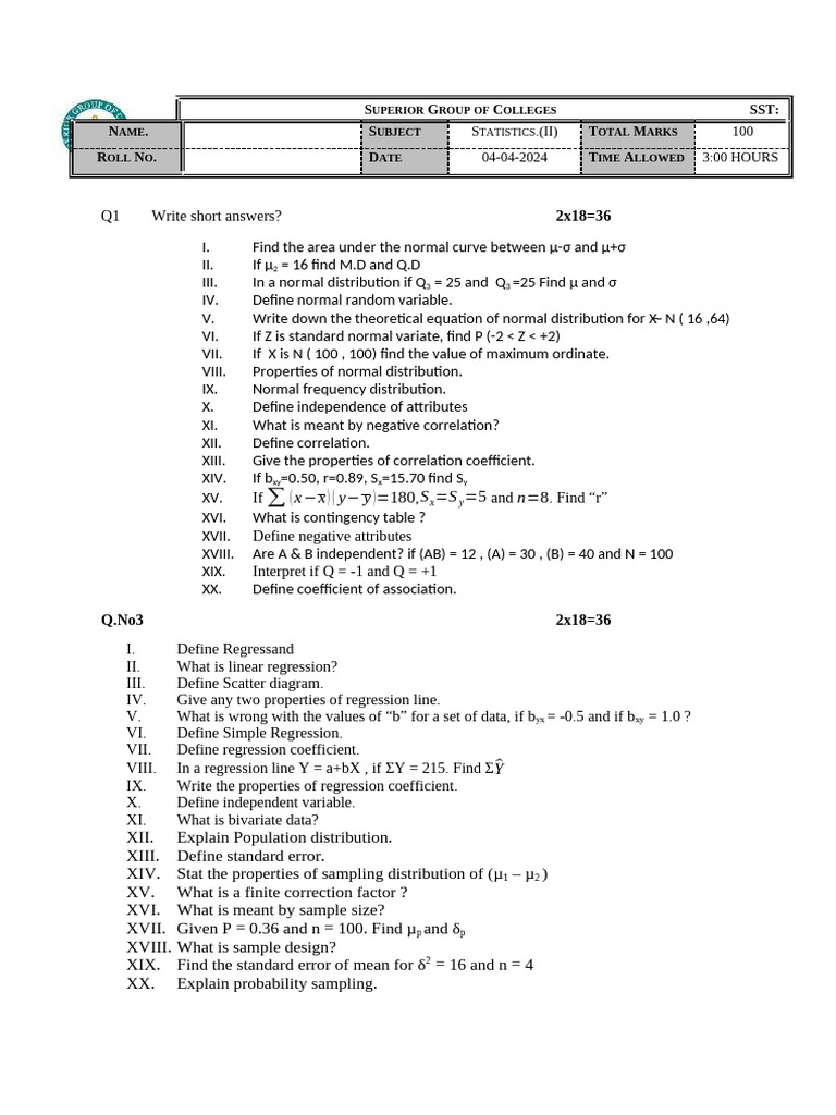Statistics Exam Paper for SST 2024 | PDF | Normal Distribution ...