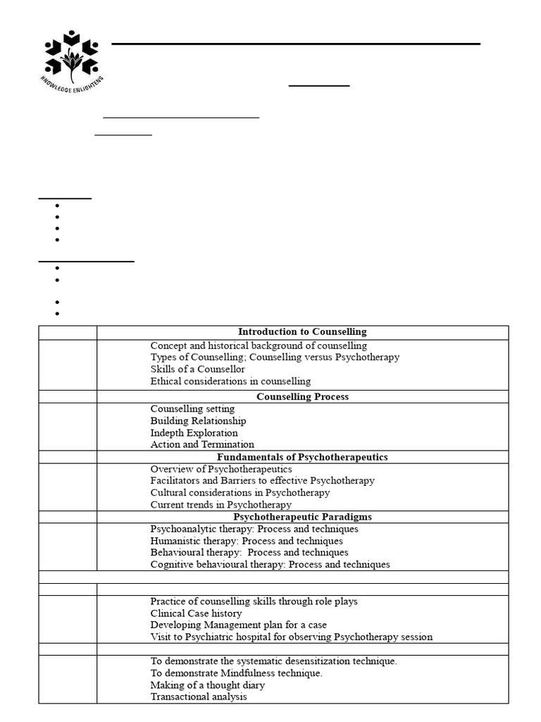 Counselling and Psychotherapies Syllabus | PDF | Psychotherapy | Psychology