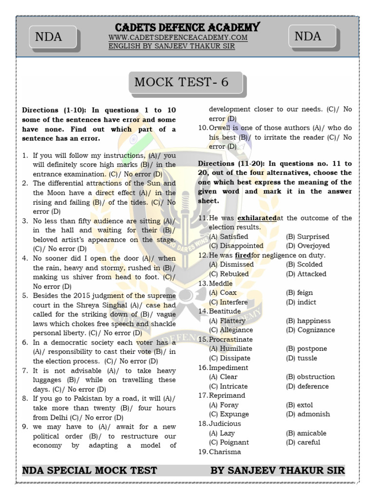 NDA Mock Test by Cadets Defence Academy | PDF | Biogas | Anaerobic ...