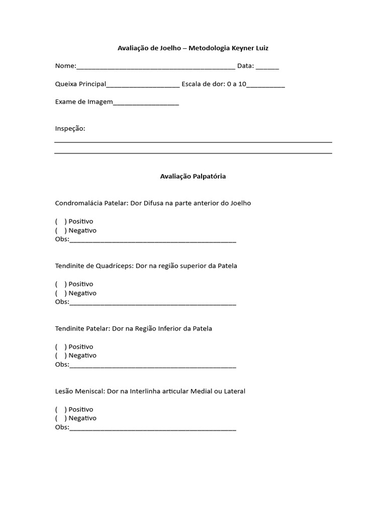 Avaliação de Joelho Metodologia Keyner Luiz | PDF | Joelho | Sistema ...