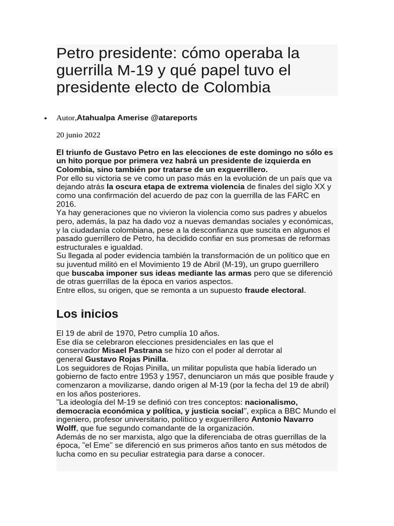 Petro y el legado del M-19 en Colombia | PDF | Guerra de guerrillas ...