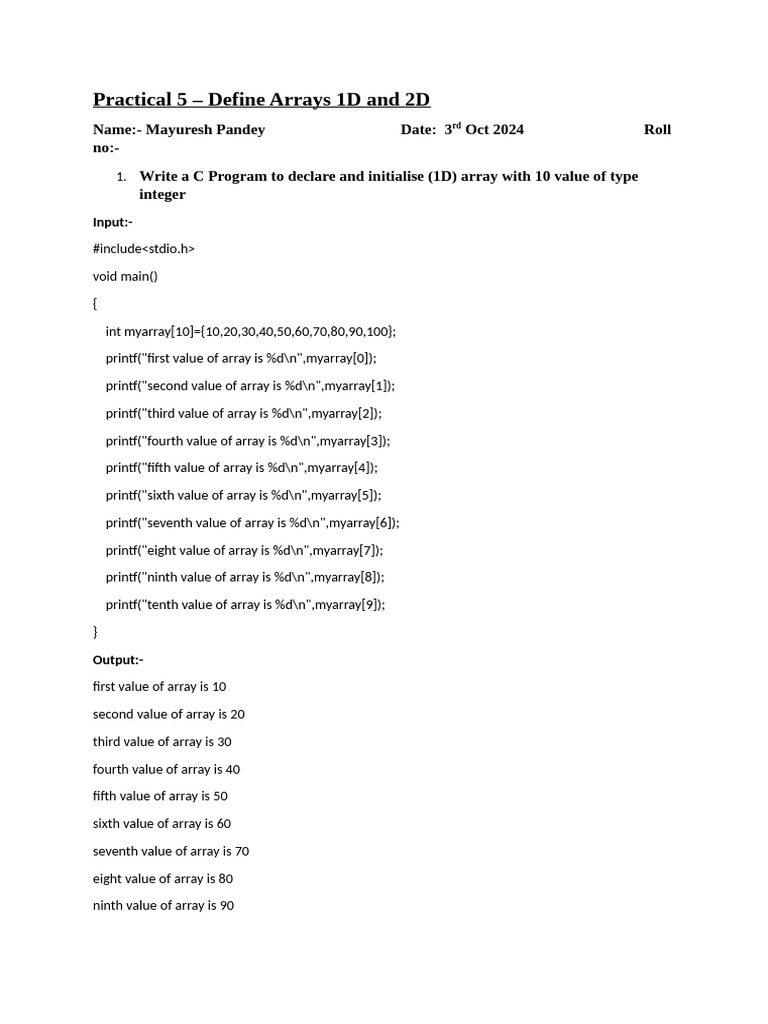 Practical 5 - Define Arrays 1D and 2D | PDF | Computer Science ...