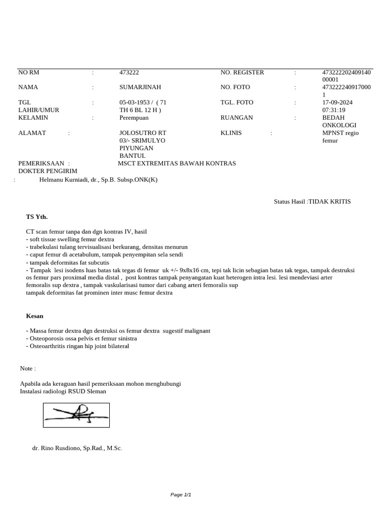 Hasil MSCT Femur Dextra: Massa Malignan | PDF