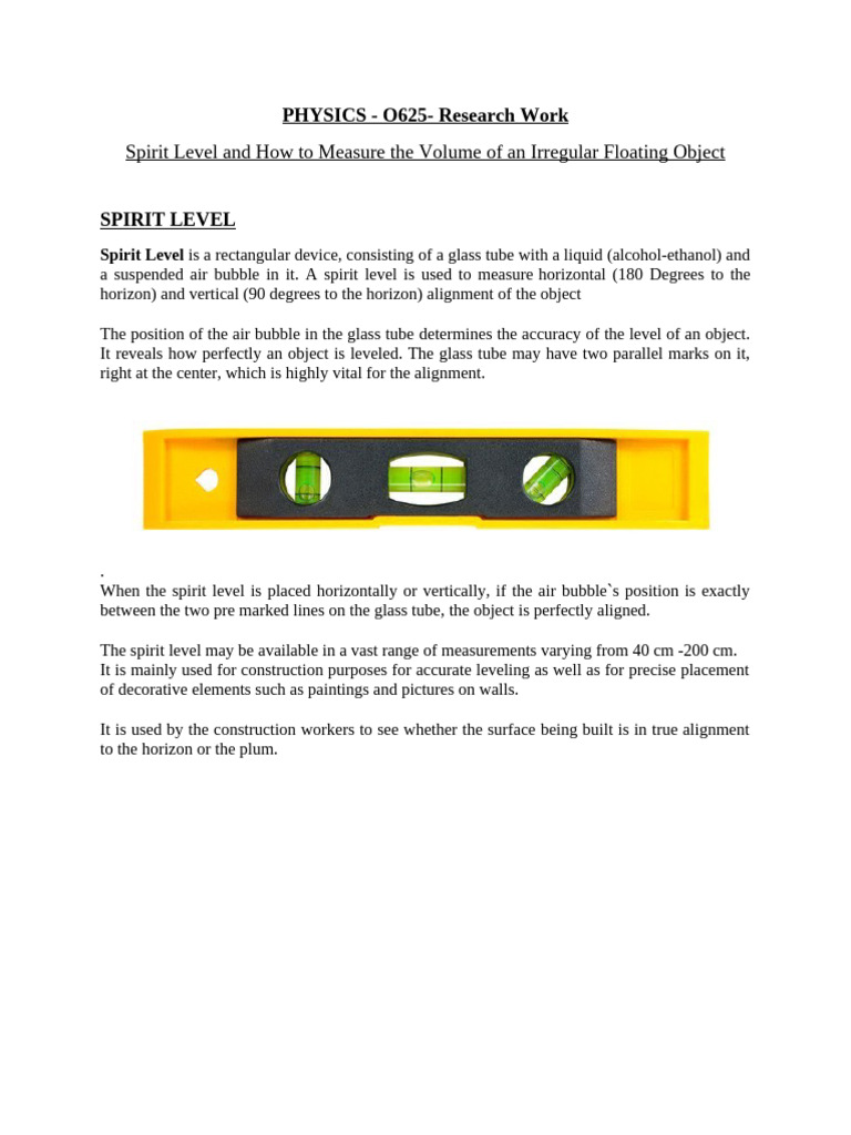 PHYSICS-Spirit Level and Displacement Method | PDF | Volume | Horizon