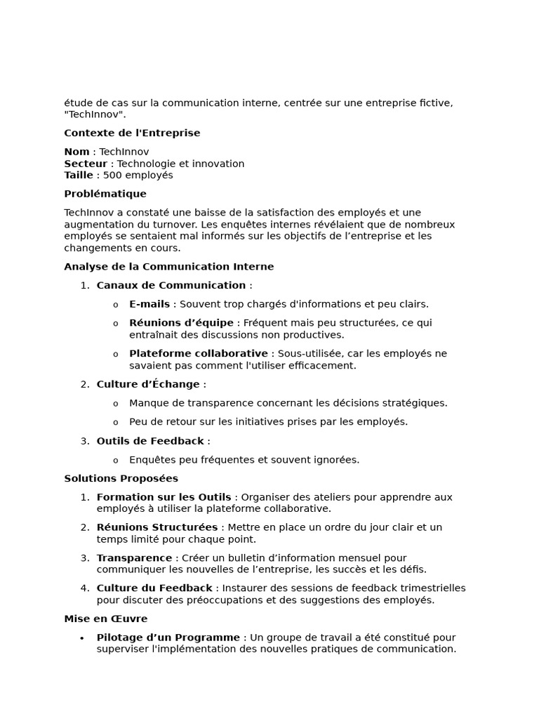 Améliorer la Communication Interne chez TechInnov | PDF | la ...