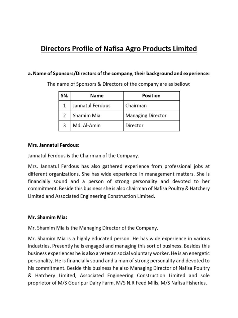Directors Profile NAPL PDF Food Industry Agriculture