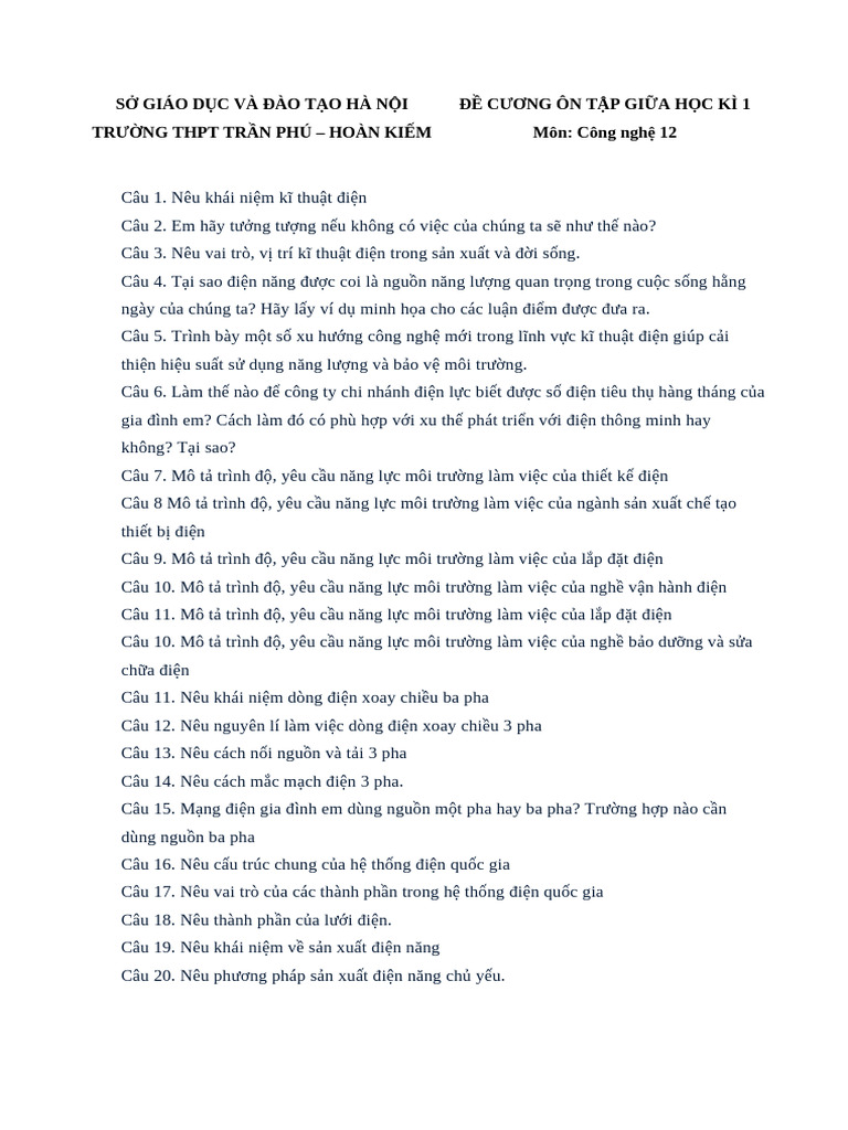 De Cuong On Tap Giua Hoc Ki 1 Lop 12 - 24920247 | PDF