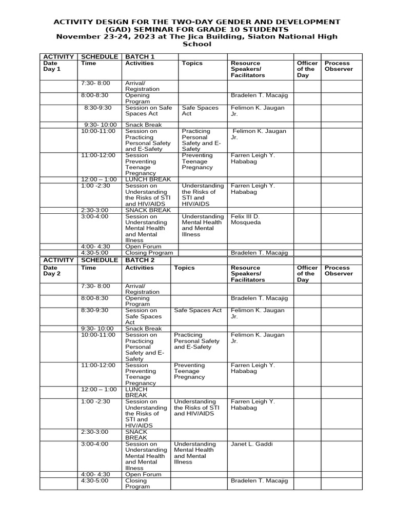 GAD Seminar Schedule for Grade 10 Students | PDF | Human Sexuality ...
