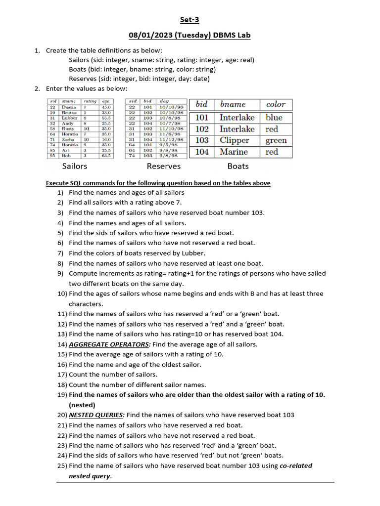 SQL Queries for DBMS Lab Exercises | PDF | History