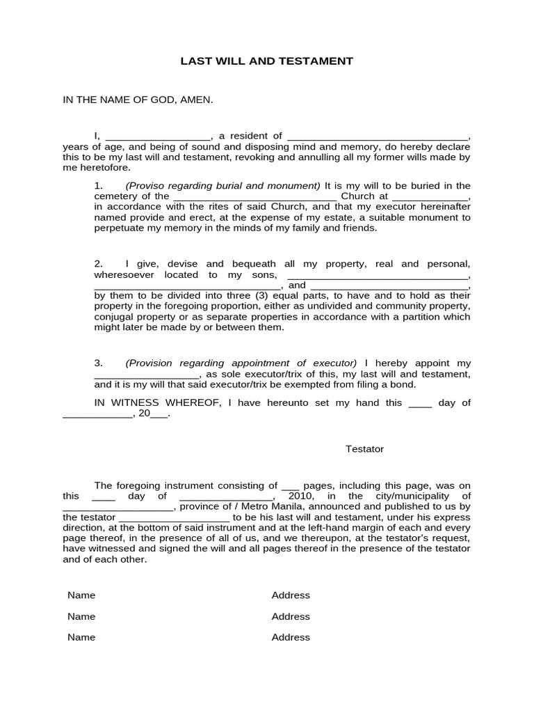 Last Will and Testament Template | PDF | Will And Testament | Legal ...