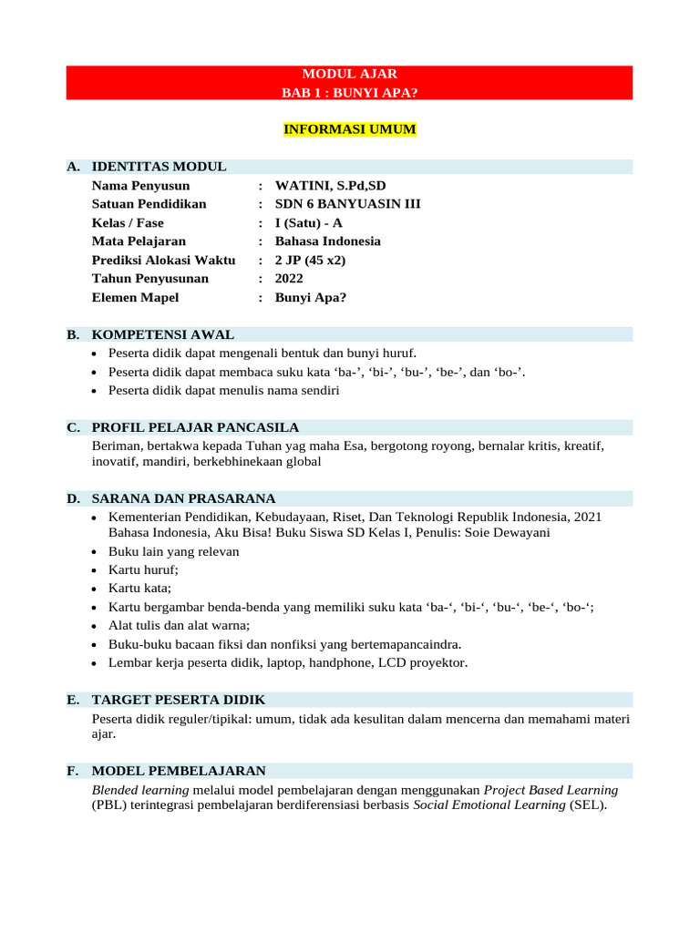 Modul Ajar Kelas 1 Bina - Bab 1 | PDF | Seni & Disiplin Bahasa