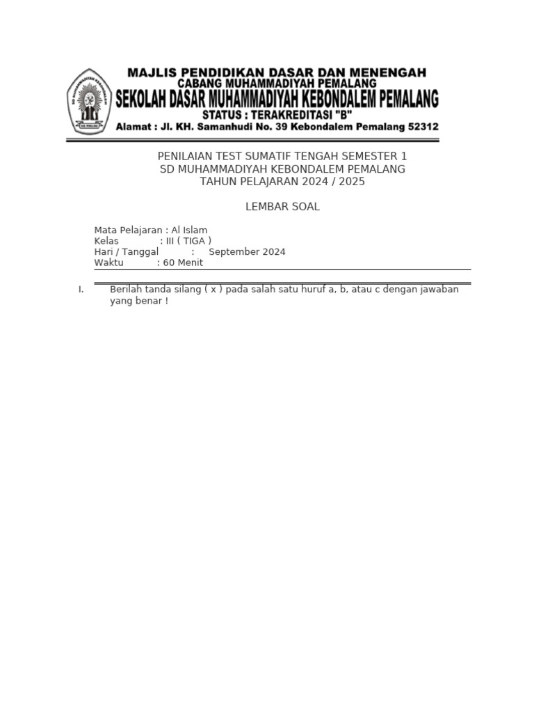 Al ISLAM Kls 3 TEST SUMATIF SEMESTER 1 2024 | PDF