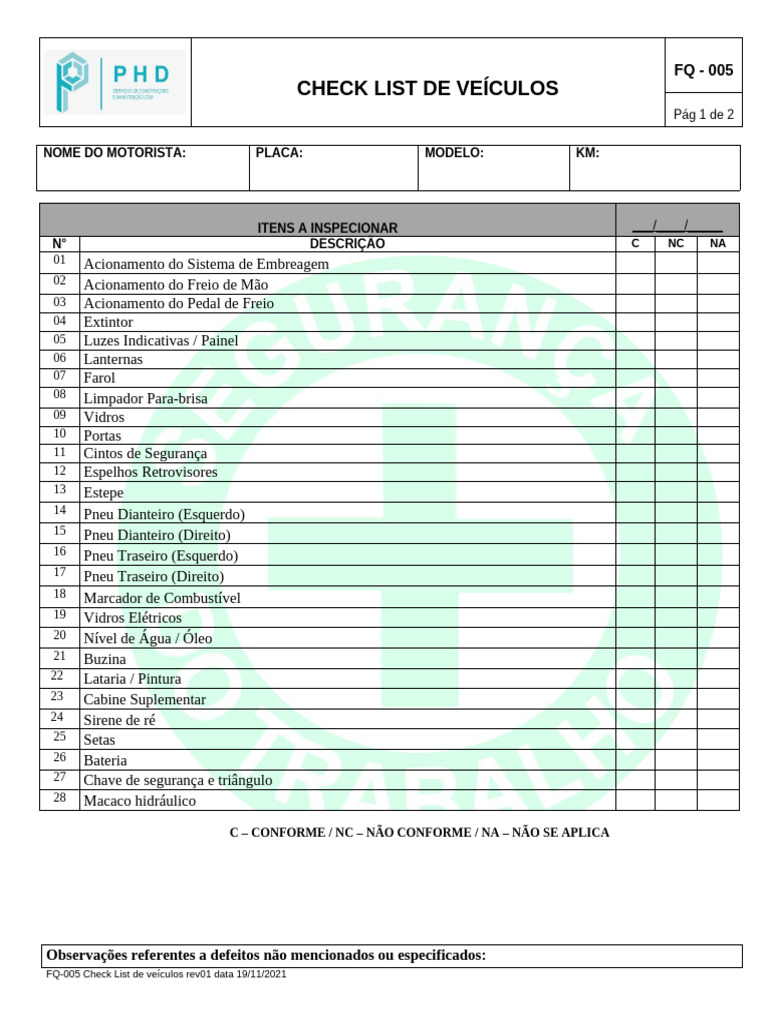 Check List de Inspeção Veicular | PDF | Veículo motorizado | Veículos