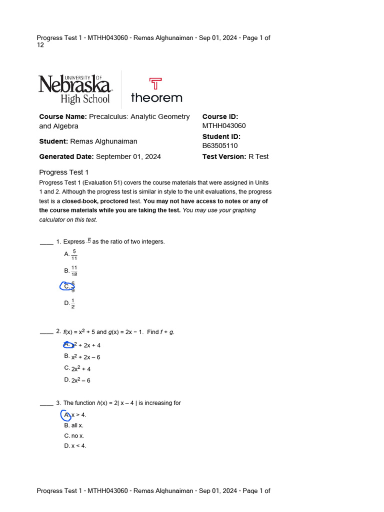 Precalculus Progress Test | PDF | Algebra | Discrete Mathematics