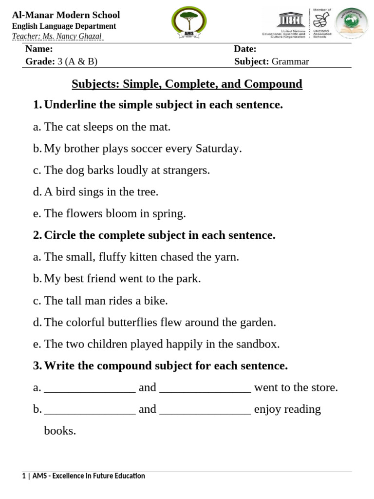 Grammar Worksheet: Subjects for Grade 3 | PDF