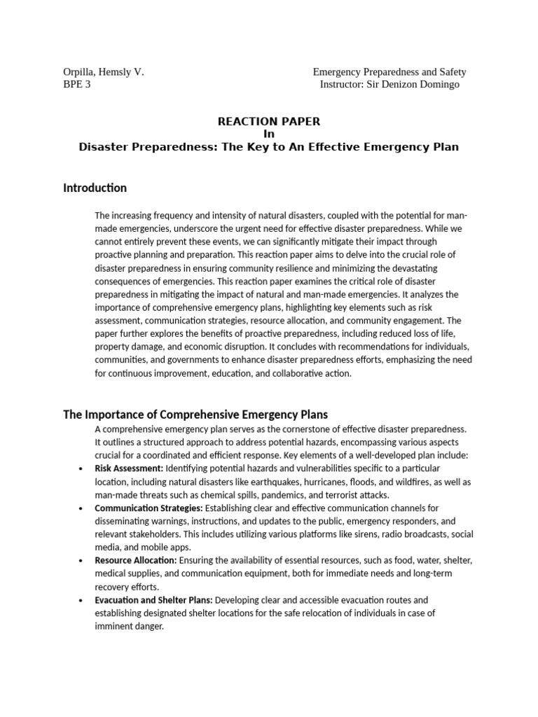 Orpilla Reaction Paper | PDF | Emergency Management | Emergency