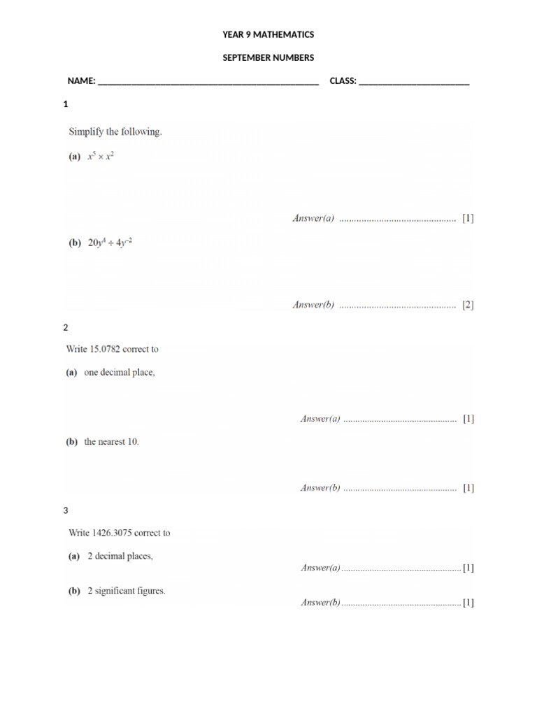 Year 9 Mathematics: September Numbers | PDF