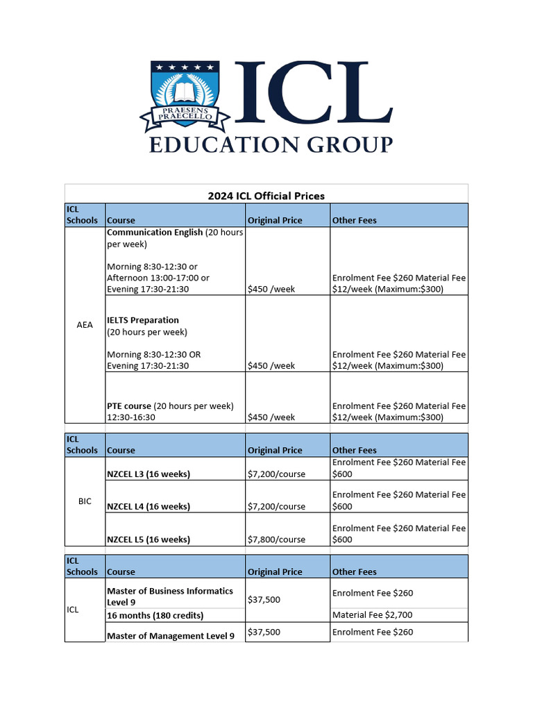 2024 ICL Official Prices | PDF | Academia | Educational Stages