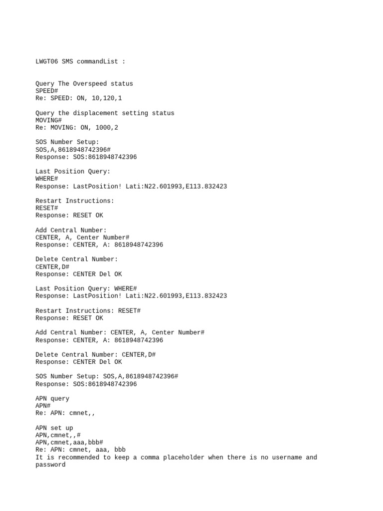 GT06 SMS Command List Guide | PDF | Networking Standards | Network ...