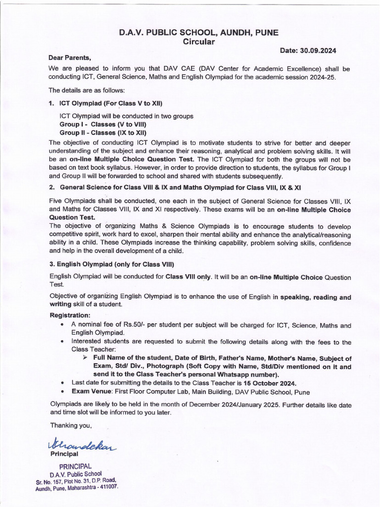 Circular For DAV Olympiad 30.09.2024 | PDF