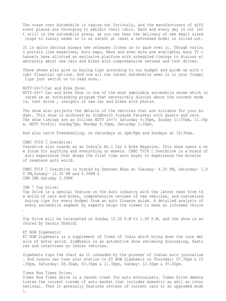 Car Shows Timings PDF Car Road Vehicles