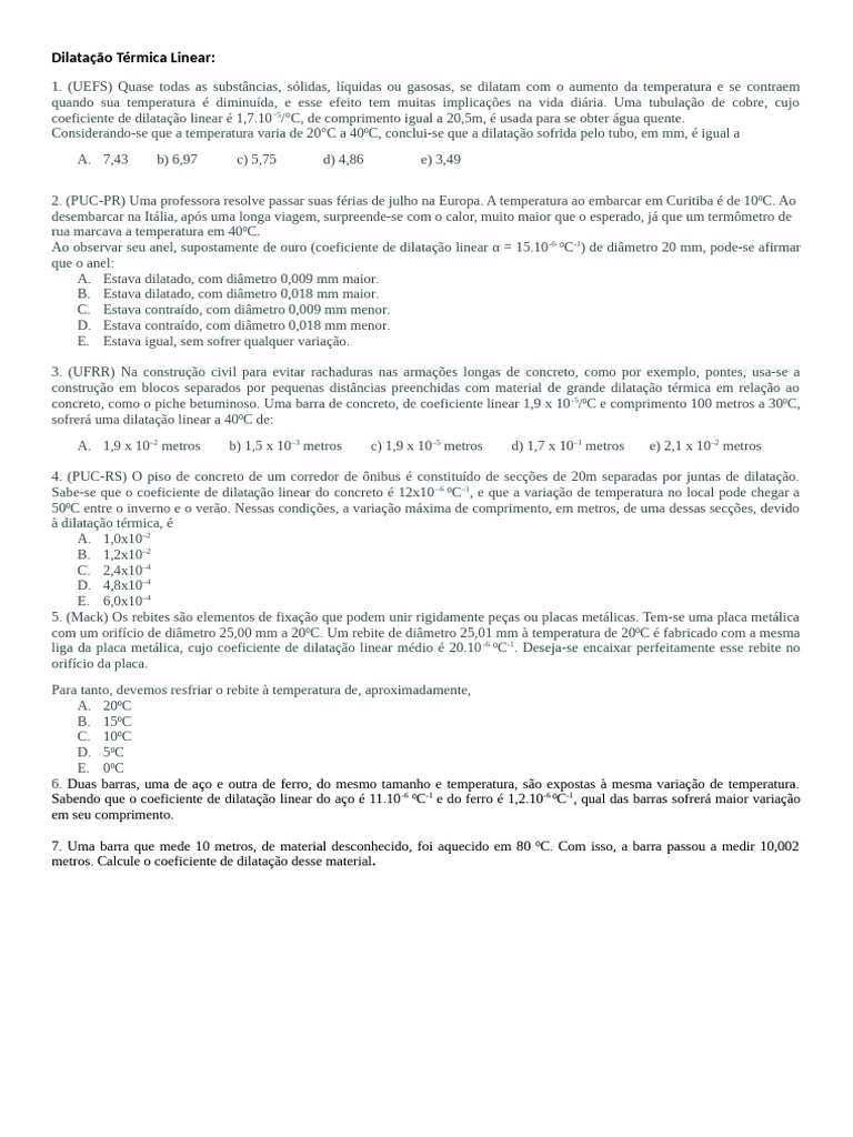 Exercícios Dilatação Térmica Linear | PDF | Expansão térmica | Temperatura