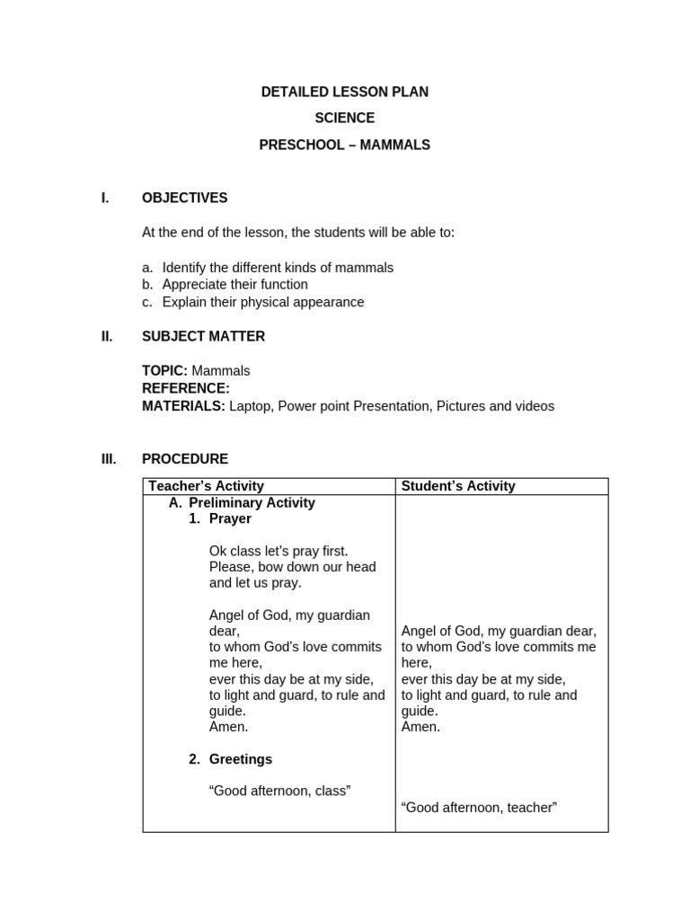 Detailed Lesson Plan Mammals | PDF | Language Arts & Discipline