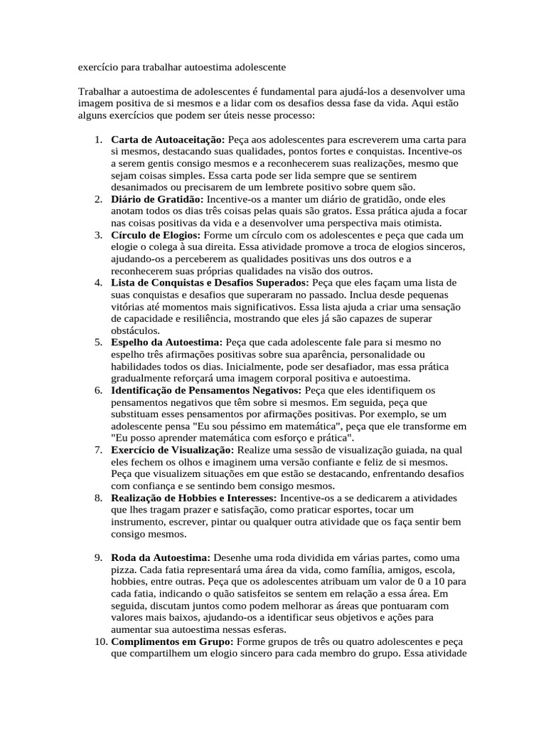 Exercícios de Autoestima para Adolescentes | PDF | Autoestima ...