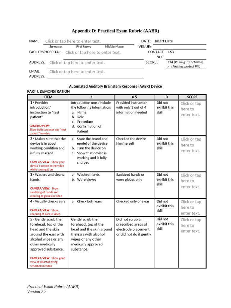 Practical Exam Rubric (AABR) Version 2.2 | PDF | Medical Specialties ...