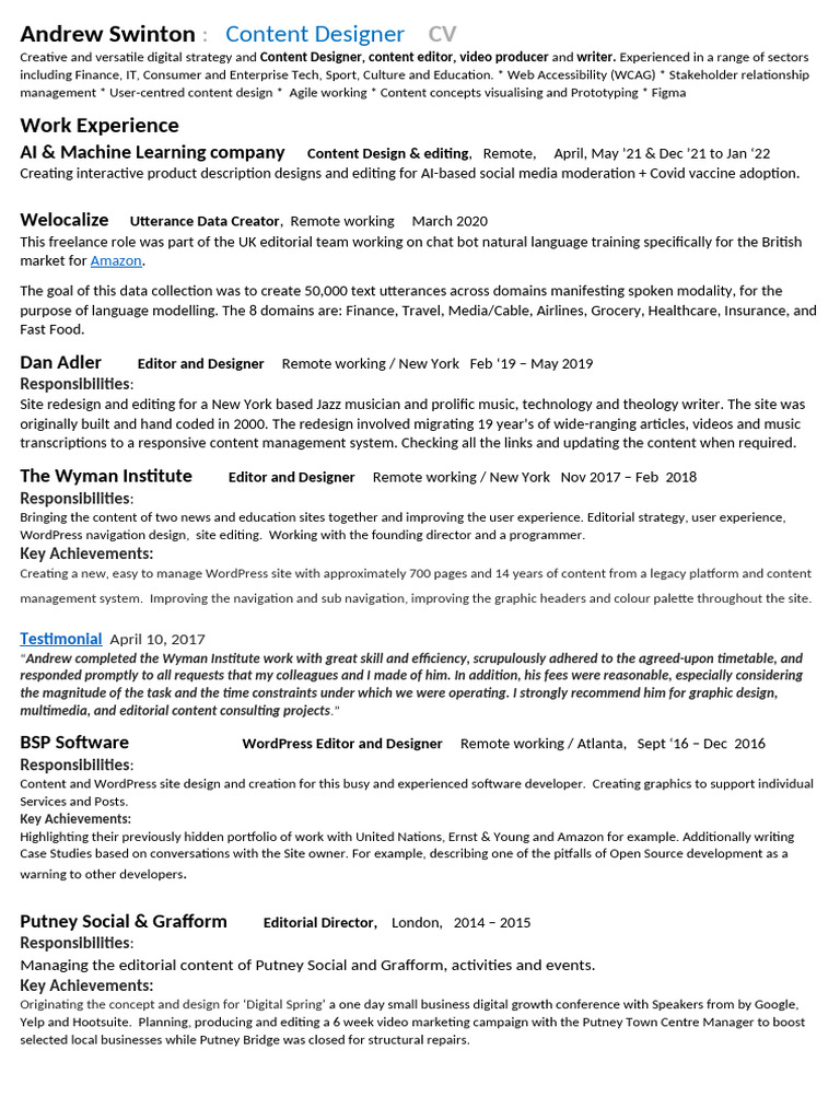 Andrew Swinton: Content Designer CV | PDF | Personal Computers | Computing