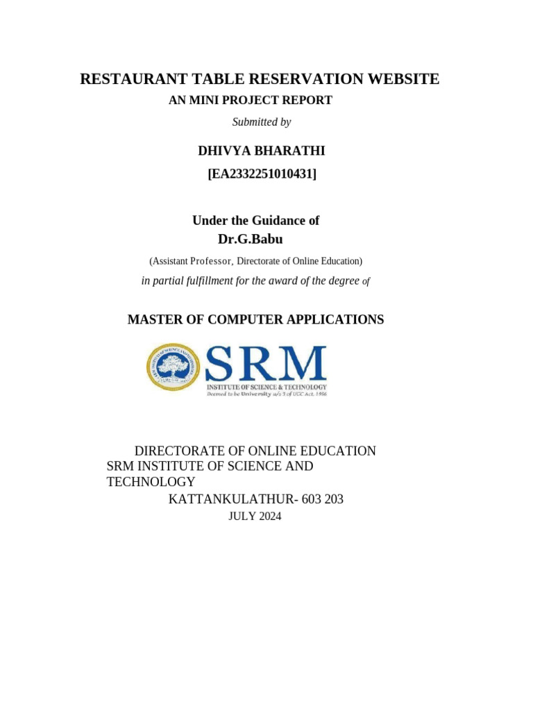 Online Restaurant Reservation System Report | PDF | Html Element | Html