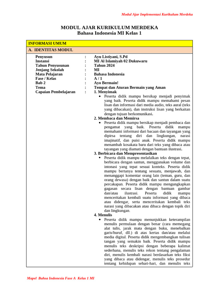 Modul Ajar Bahasa Indonesia MI Kelas 1 | PDF | Seni & Disiplin Bahasa